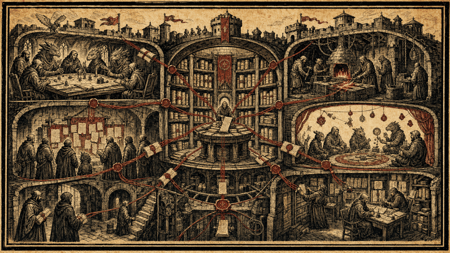 Woodcut guild fortress with builders and agents connected through a central archive by crimson paths.