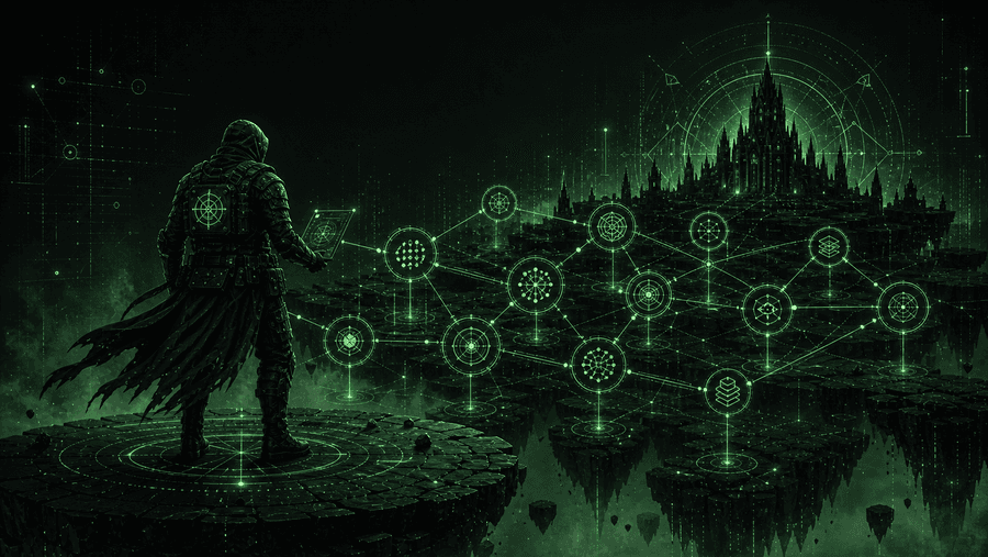 A neon green tactical illustration of a forward deployed AI mercenary standing before a connected operations map and guild-like digital citadel.